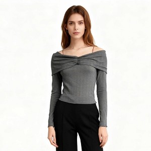 Cherie Code Women’s Off‑Shoulder Ruched Long Sleeve Knit Top – Slim Fit Stretch Tee in Grey - 1 of 4