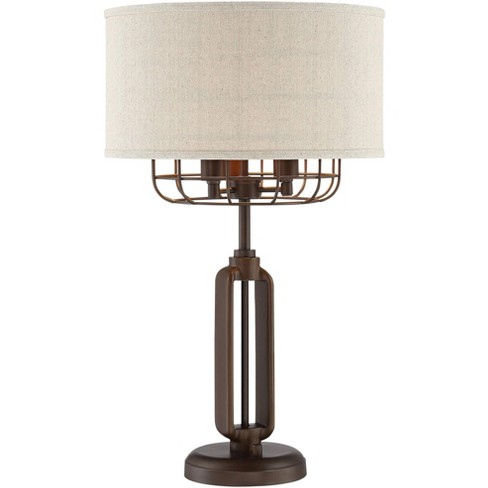 Franklin Iron Works Rustic Farmhouse Table Lamp Bronze Iron Cage Burlap Fabric Drum Shade 3 Light For Living Room Bedroom Bedside Target