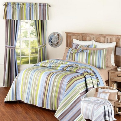 Blue and Green Striped Polyester Standard Sham