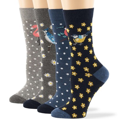 Women Cotton Calf Patterned Socks - 4 Pack - Coffee, Puppy, Flowers, Birds, Cat - Shoe Size 5-9 M, 8-12 L - Multicolors | 7BIGSTARS KINGDOM
