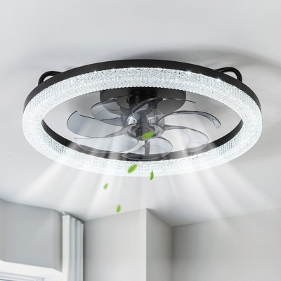 Airsurfer 19" Enclosed Ceiling Fan with Color-Changing LED Light, Black with Blue-Gray Blades, 7-Blade Fandelier, Remote Included