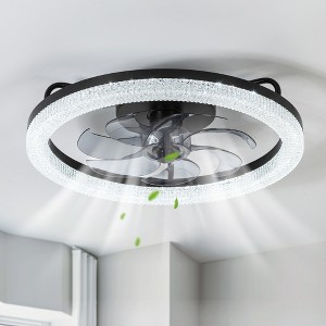 Airsurfer 19" Enclosed Ceiling Fan with Color-Changing LED Light, Black with Blue-Gray Blades, 7-Blade Fandelier, Remote Included - 1 of 4