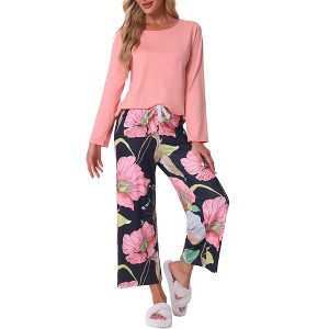 cheibear Women's Floral Capri Long Sleeve Shirt Soft Strechy Lounge Pajama Sets - 1 of 4