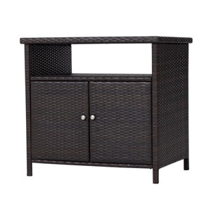 Black Rattan Outdoor Storage Cabinet with Acacia Wood Countertop, 2-Door Bar & Buffet Table for Patio, Garden, Poolside - 1 of 4