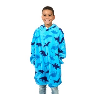 Dinosaurs Long Sleeve Boy’s Blue Oversized Wearable Hoodie Blanket - 1 of 4