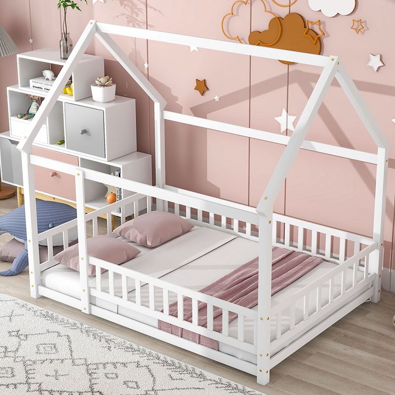 Full Size House Floor Bed With Roof Fence Guardrails Easy Assembly Multifunctional Playhouse Bed, 5 of 6