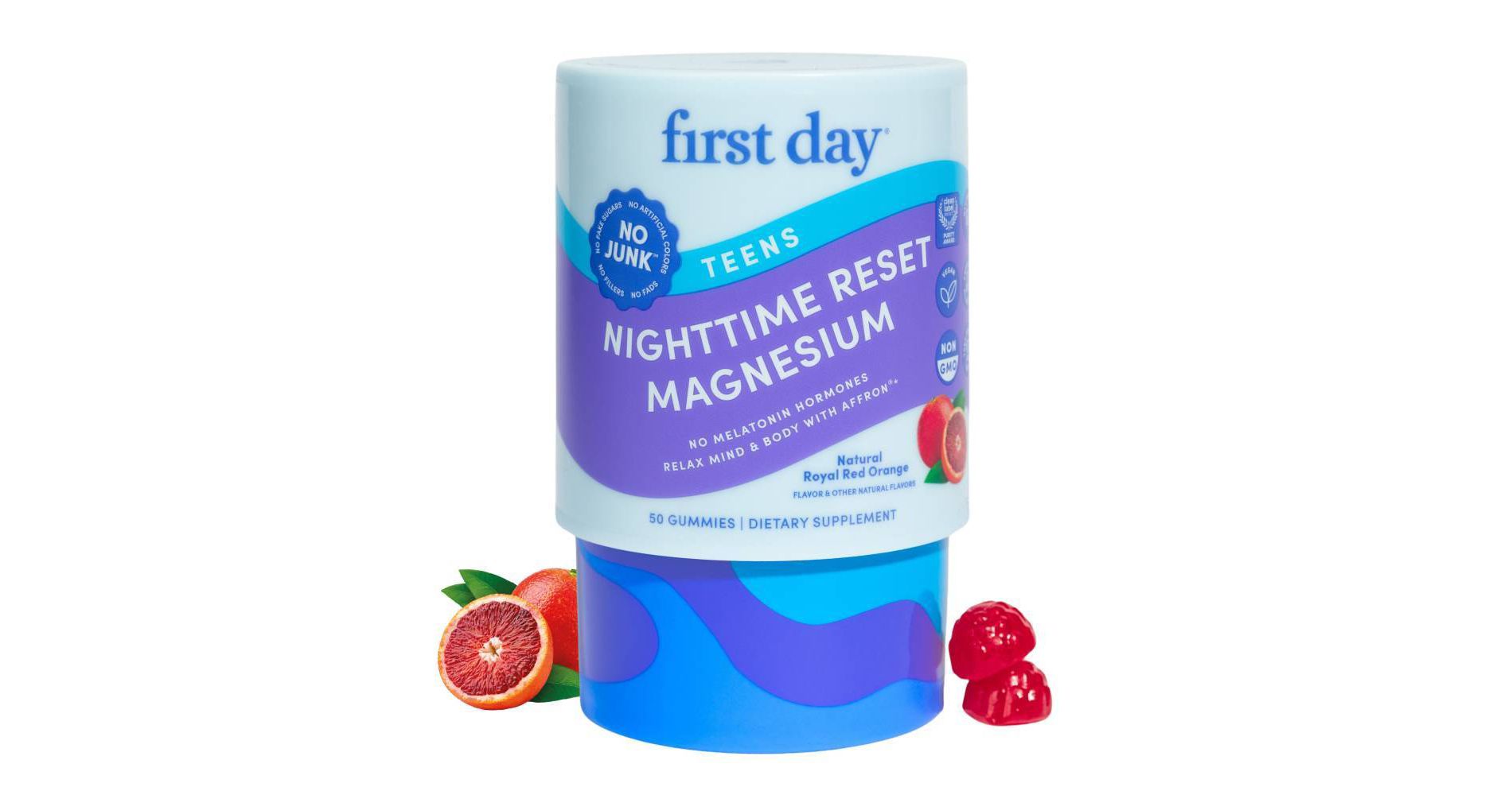First Day Teens' Nighttime Reset Magnesium Gummies for Relaxed Mind and Body - Natural Royal Red Orange - 50ct