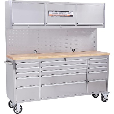 15-Drawer Tool Chest, 72 inch Rolling Workshop Cabinet with Rubber Wood Desktop, Garage Workshop Storage Cabinet with Locking Wheels
