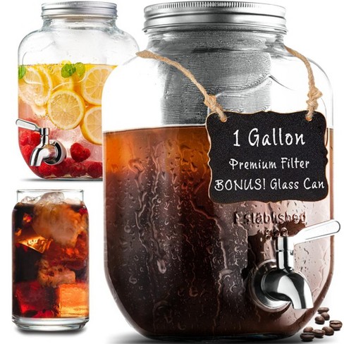 Le'raze 1 Gallon Glass Mason Jar Drink Dispenser with Stainless Steel  Spigot, Ice Cylinder, Fruit Infuser + Marker & Chalkboard
