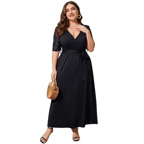 Plus Size Summer Dress For Curvy Women Wrap V Neck Wedding Guest Dress  Formal Lace Short Sleeve Maxi Dress, Black, 4xl : Target