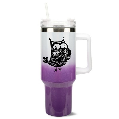 Elanze Designs 40 Ounce Ombre Travel Tumbler With Straw and Lid Stainless Steel Double Wall Insulated Garden of Flowers Owl White and Purple Glitter