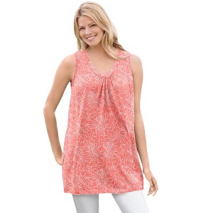Woman Within Plus Size Perfect Printed Sleeveless Shirred V-Neck Tunic - 1 of 4