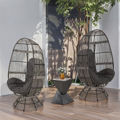 Outdoor Wicker Swivel Egg Chair,Gray Fabric Upholstered Egg Chair With Iron Frame,Polyethylene Rattan Woven Patio Lounge Egg Chair-Coolbibila