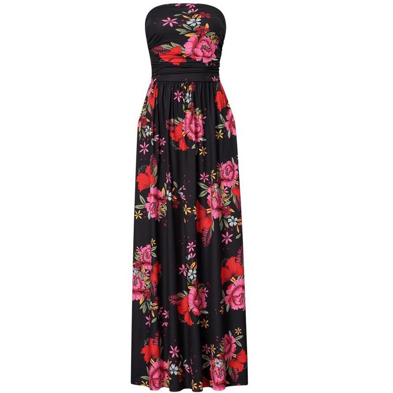 Women Strapless Floral Print Bohemian Boho Maxi Dress Casual Off Shoulder Beach Party Dress with Pockets, 5 of 7