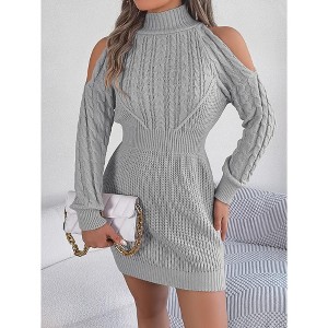 BLUEMING Womens Sweater Dress Casual Off-Shoulder Turtleneck Cable Knit Lantern Sleeve Mini Bodycon Dress - 1 of 4