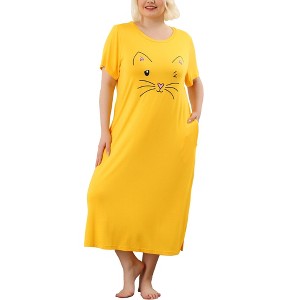Agnes Orinda Women's Plus Size Soft Knit Cute Cat Print Short Sleeve Split Hem Pockets Midi Sleep Shirts Nightgowns - 1 of 4