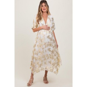 PinkBlush Cream Metallic Floral Jacquard Overlay Maternity Maxi Dress - 1 of 4