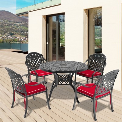 ACEPANO 5-Pieces Aluminum Patio Dining Coffee Table Set With Umbrella Hole, Red Cushions-Black