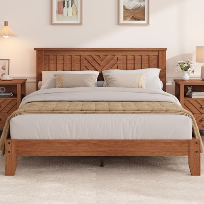 Wooden Queen Size Bed Frame with Headboard, Queen Platform Bed with Wooden Slat Support No Box Spring Needed, Brown Mattress Foundation Easy Assemble