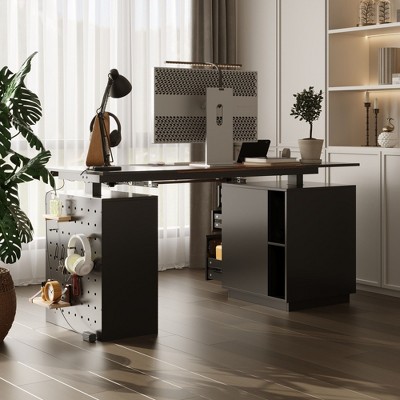 Famapy - Electric Standing Desk: Adjustable Height, Ergonomic Design for Home & Office - White & Wooden