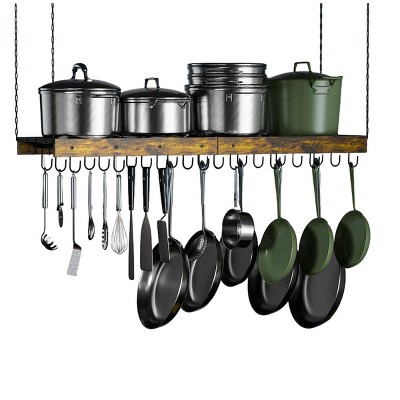 SEVOBAL Island Cookware Hanging Pot Rack Ceiling Mount Organizer 24 Hooks Pots Pans Storage Kitchen Easy Assembly, Brown, 23.79"*4.88"*3"
