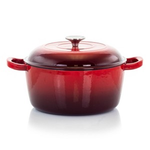 MegaChef 5 Quarts Round Enameled Cast Iron Casserole with Lid in Red - 1 of 4