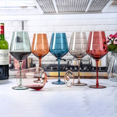 Set of 6 Multi-Colored Hand-Blown Crystal Wine Glasses