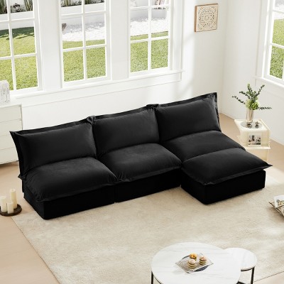 Slipcovered Sectional Sofa, 3 Seater Armless Modern Sectional Sofa with Reversible Ottoman, Sectional Sofas with Chenille Fabric-Cuddlewood