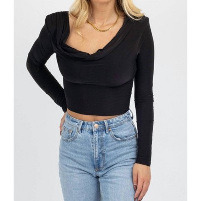 Women's COWL NECK LONG SLEEVE CROP TOP - Blue Blush