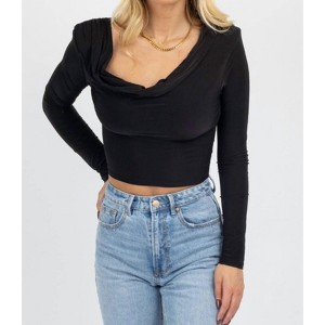 Women's COWL NECK LONG SLEEVE CROP TOP - Blue Blush - 1 of 4