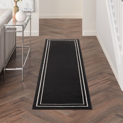 Contemporary Black Ivory Double Bordered Runner Rug 2'2" x 7'6"