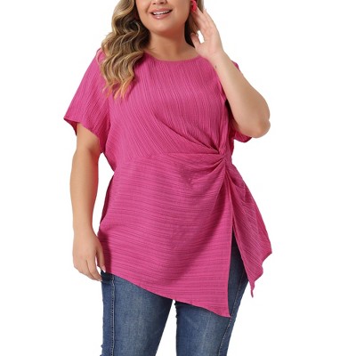 Agnes Orinda Women's Plus Size Twisted Knot Waist Short Sleeves Summer  Peplum Blouses Hot Pink 4X