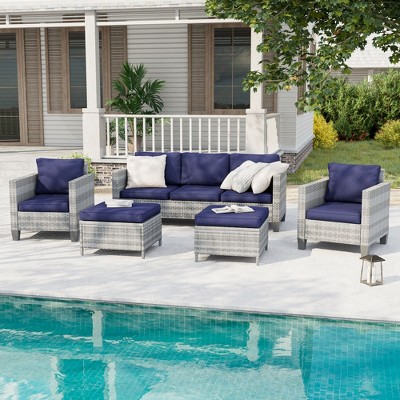 Sonkuki 5-Piece Patio Conversation Sofa Set Gray Rattan with Widen Armrest,
