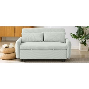 Okak Modern Pull-out Sofa Bed 57.48" Convertible Loveseat Sleeper Couch Futon with 2 Throw Pillows & USB Ports for Living Room, Light Blue - 1 of 4