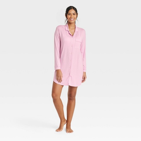  Nightgown For Women Satin Button Down Nightshirt Comfy Notch  Collar Loungewear Leaf Pink XXXL