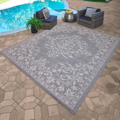 Gray and Cream Synthetic Flat Woven Reversible Rug, 5' x 7'