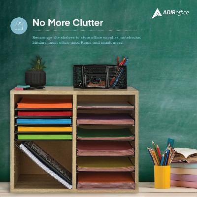 Medium Oak Adjustable 12-Compartment Wood Literature Organizer