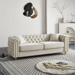 86" Luxury Tufted Sofa, Modern Velvet Couch with Gold Accents, 750lb Capacity with 2 Pillows - 1 of 4