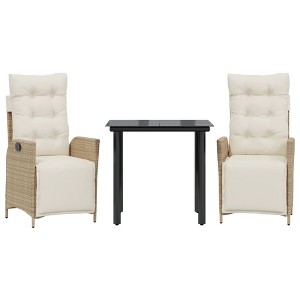 vidaXL 3 Piece Patio Dining Set with Cushions - Beige Poly Rattan Reclining Chairs and Glass Table - 1 of 4