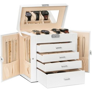 4-Tier Leather Jewelry Box with 3 Drawers Lockable Mirror and Organizer - 1 of 4