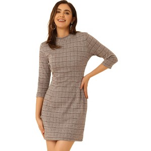 Allegra K Women's Mock Neck 3/4 Sleeve Slim Office Work Checked Plaid Dress - 1 of 4