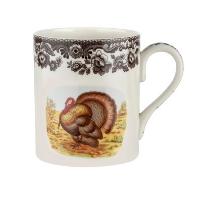 Spode Woodland Turkey 16 oz Mug - Fine Porcelain with Historic Brown Floral Border, Thanksgiving Drinkware for Hot Beverages, Microwave & Freezer Safe