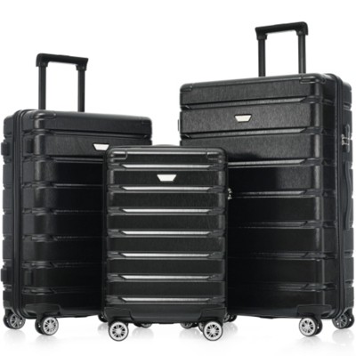 Syemin Luggage Hardshell Luggage Set 3 Piece Durable ABS and PC Travel Suitcase with Spinner Wheels for Men Women, Black, 19.5"*11.3"*29.4"