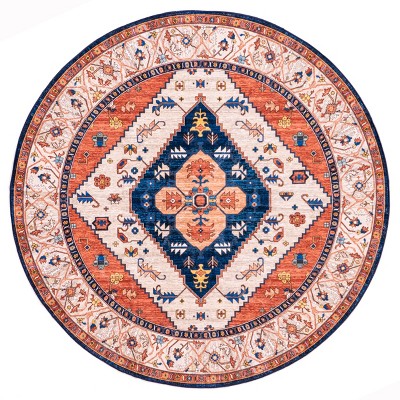 6' Round Red and Blue Oriental Synthetic Area Rug
