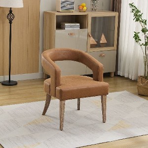 Kumasinova 25.79" W Modern Barrel Chair, Upholstered Accent Chair with Large Round Hollow Back, PU Fabric Armchair with Weathered Solid Wood Legs - 1 of 4