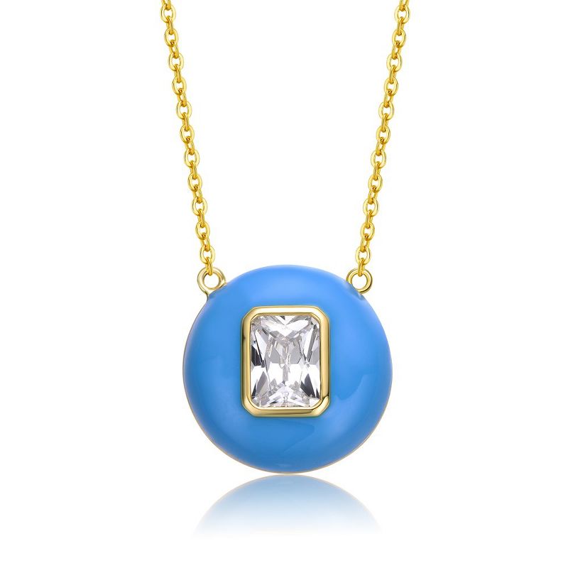 Young Adults/Teens 14k Yellow Gold Plated with Cubic Zirconia Radiant Solitaire Blue Enamel Small Round Pendant Necklace, 1 of 3