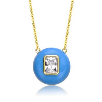 Young Adults/Teens 14k Yellow Gold Plated with Cubic Zirconia Radiant Solitaire Blue Enamel Small Round Pendant Necklace