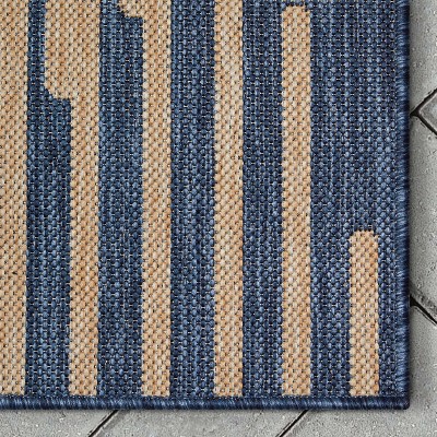 Blue and Beige Flat Woven Synthetic Runner Rug, 2'7" x 9'10"