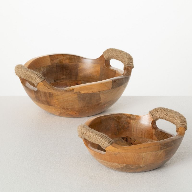 8.75"L and 10.75"L Sullivans Rustic Wood Bowl with Handles - Set of 2, Brown, 1 of 5