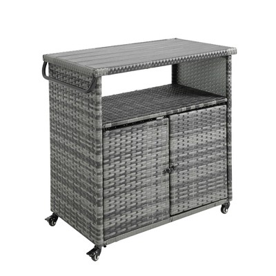 VYNXARIA Outdoor Wicker Bar Cart, Patio Wine Serving Cart, Rolling Rattan Beverage Bar Counter Table Glass Top for Porch Backyard Garden Party, Brown
